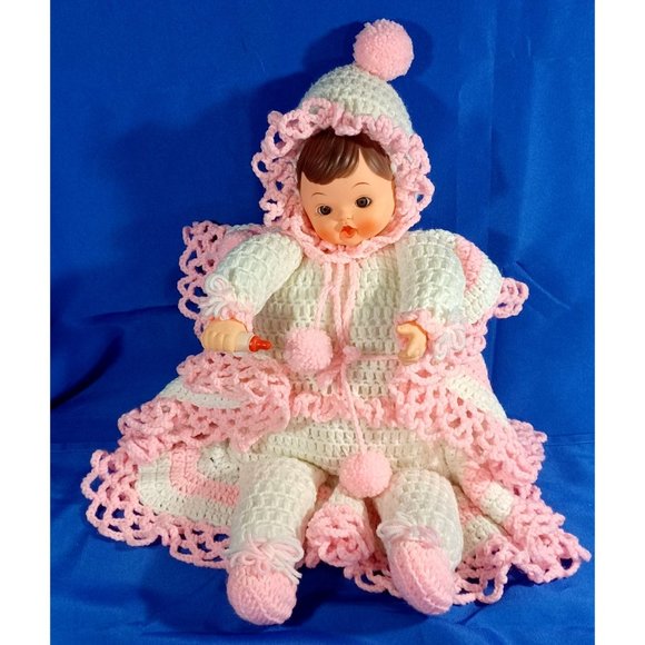 OOAK Vintage 24" Crocheted Knit  Baby Doll Face Drinking Bottle Pillow L… - Picture 3 of 9